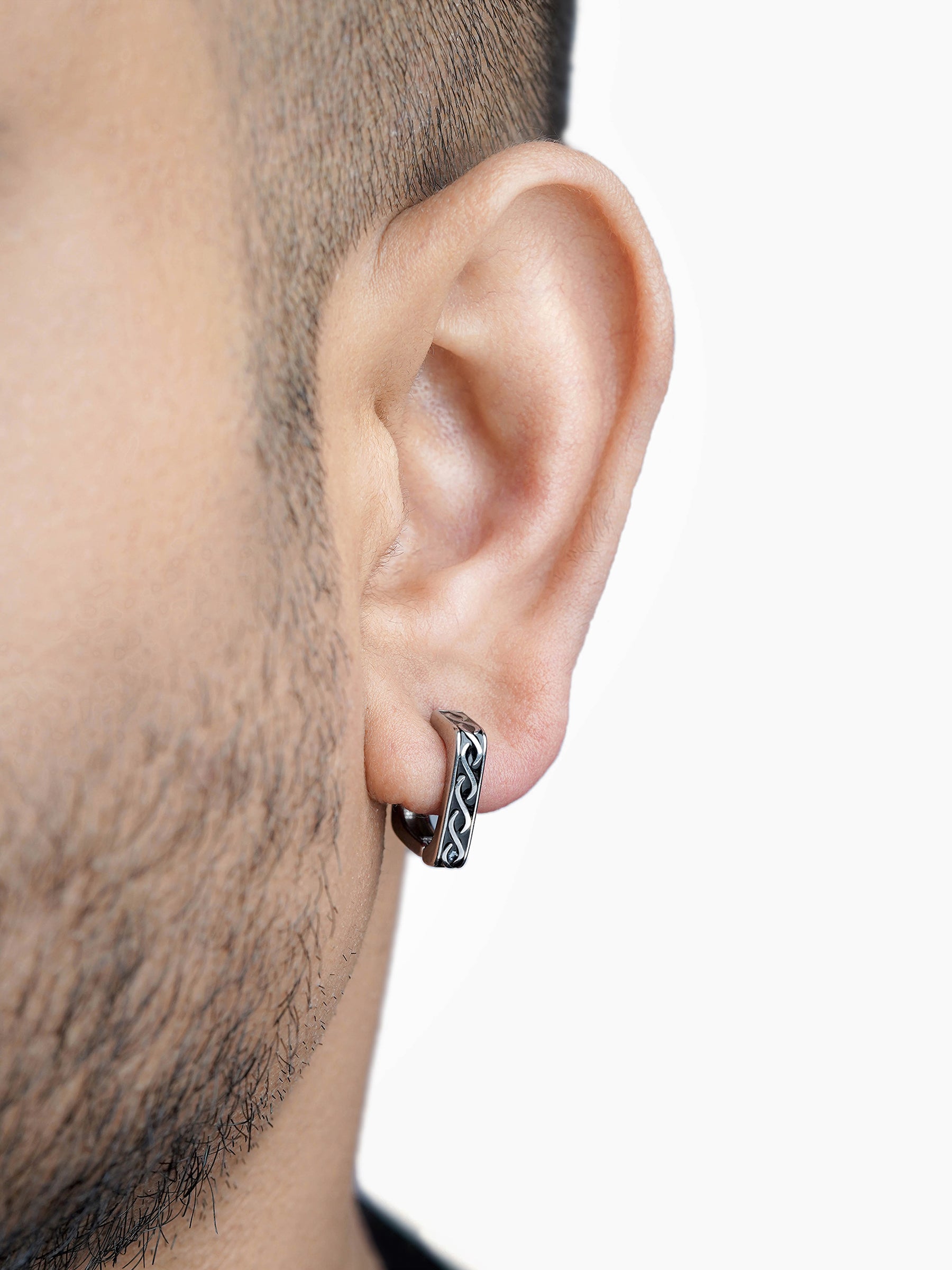Troy Carved Swirl Square Silver Men's Hoop Earrings