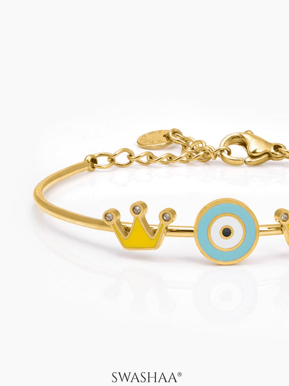 Twinkle Crown Evil Eye Charms 18K Gold Plated Kid's Cuff Kada Bracelet