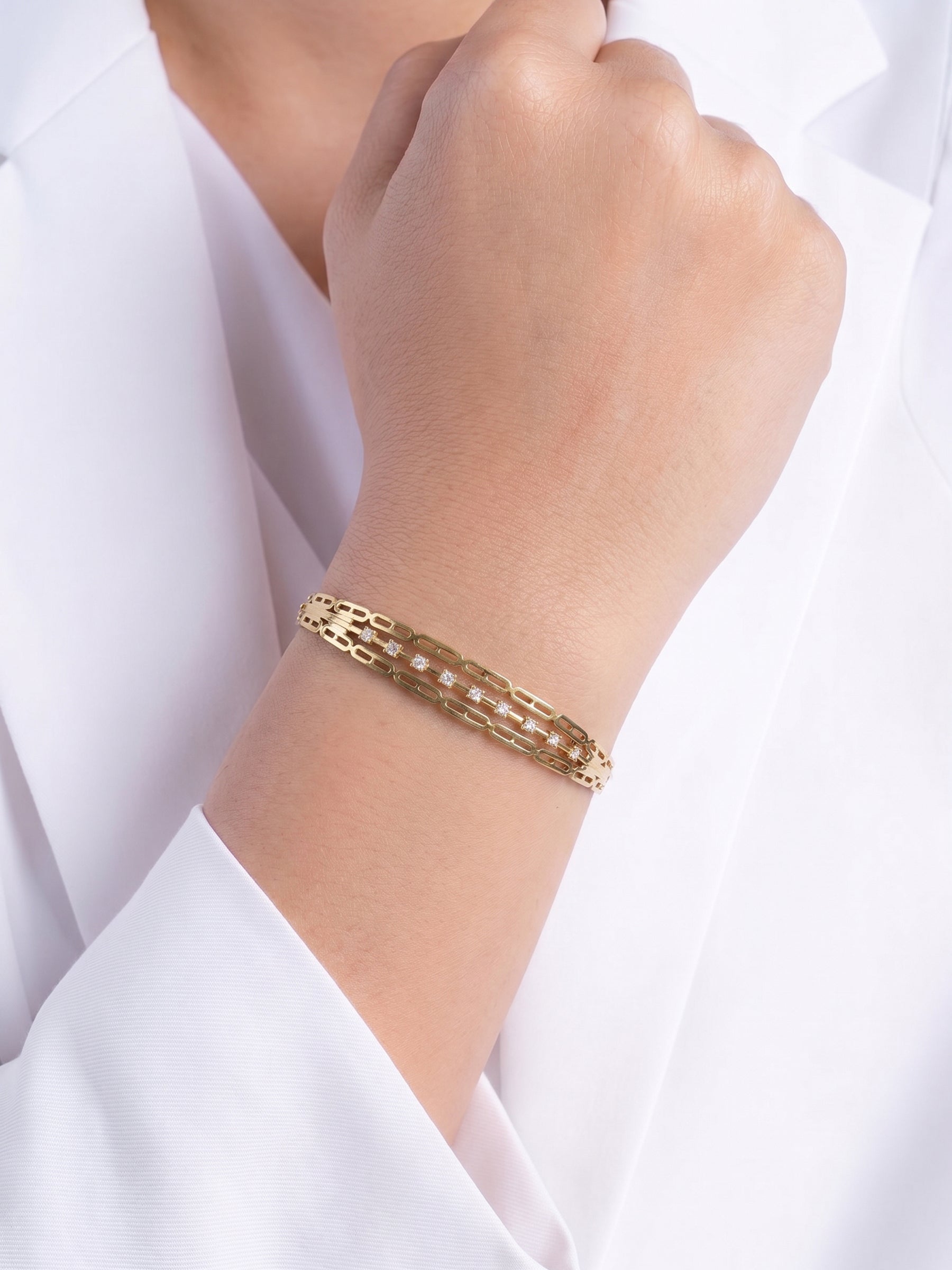 Ulina Linear Link Diamond Solitaire 18K Gold Plated Women's Solid Band Bracelet