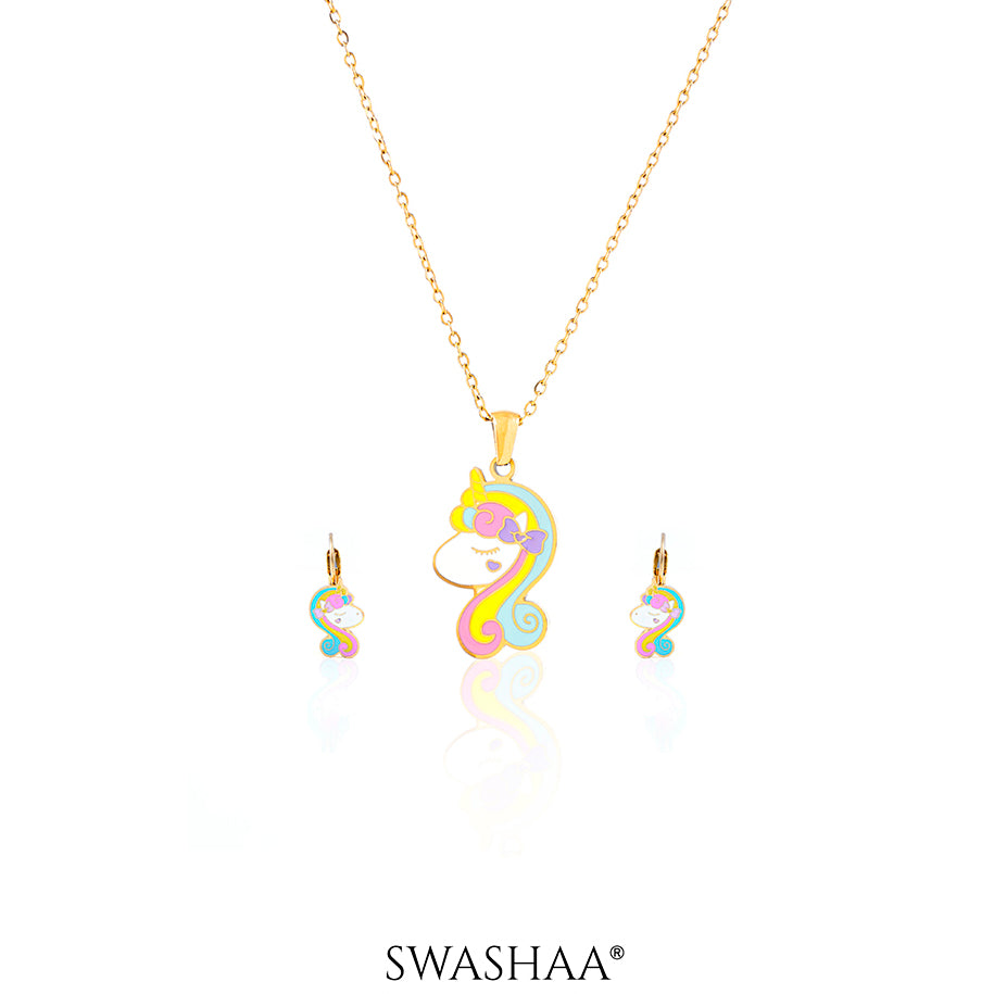 Unicorn Face 18K Gold Plated Kid's Pendant Necklace Set