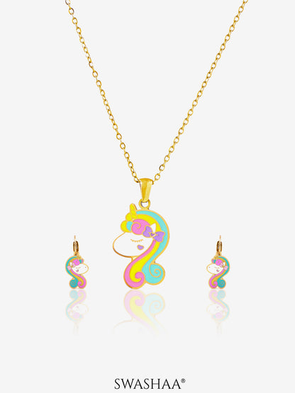 Unicorn Face Charm 18K Gold Plated Kid's Pendant Necklace Set