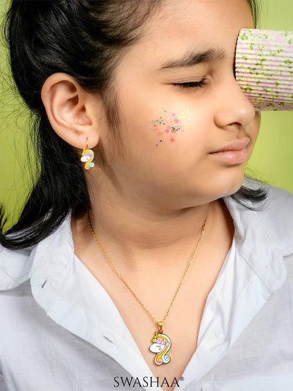 Unicorn Face Charm 18K Gold Plated Kid's Pendant Necklace Set