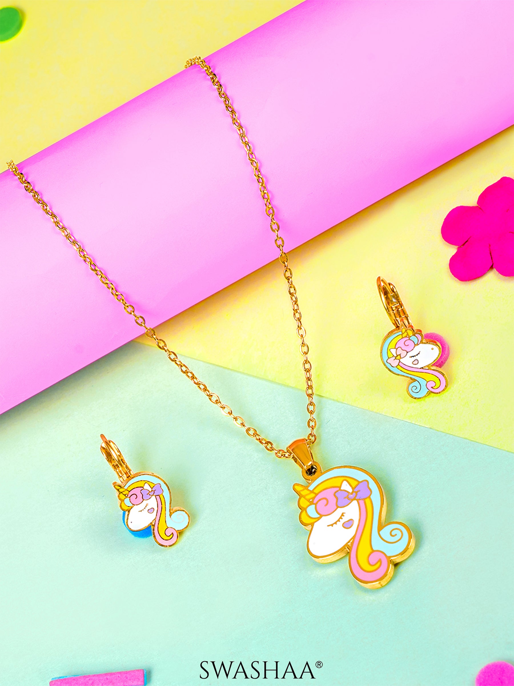 Unicorn Face Charm 18K Gold Plated Kid's Pendant Necklace Set