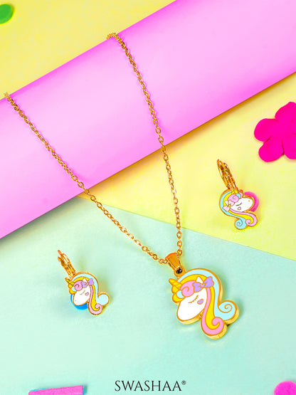 Unicorn Face Charm 18K Gold Plated Kid's Pendant Necklace Set