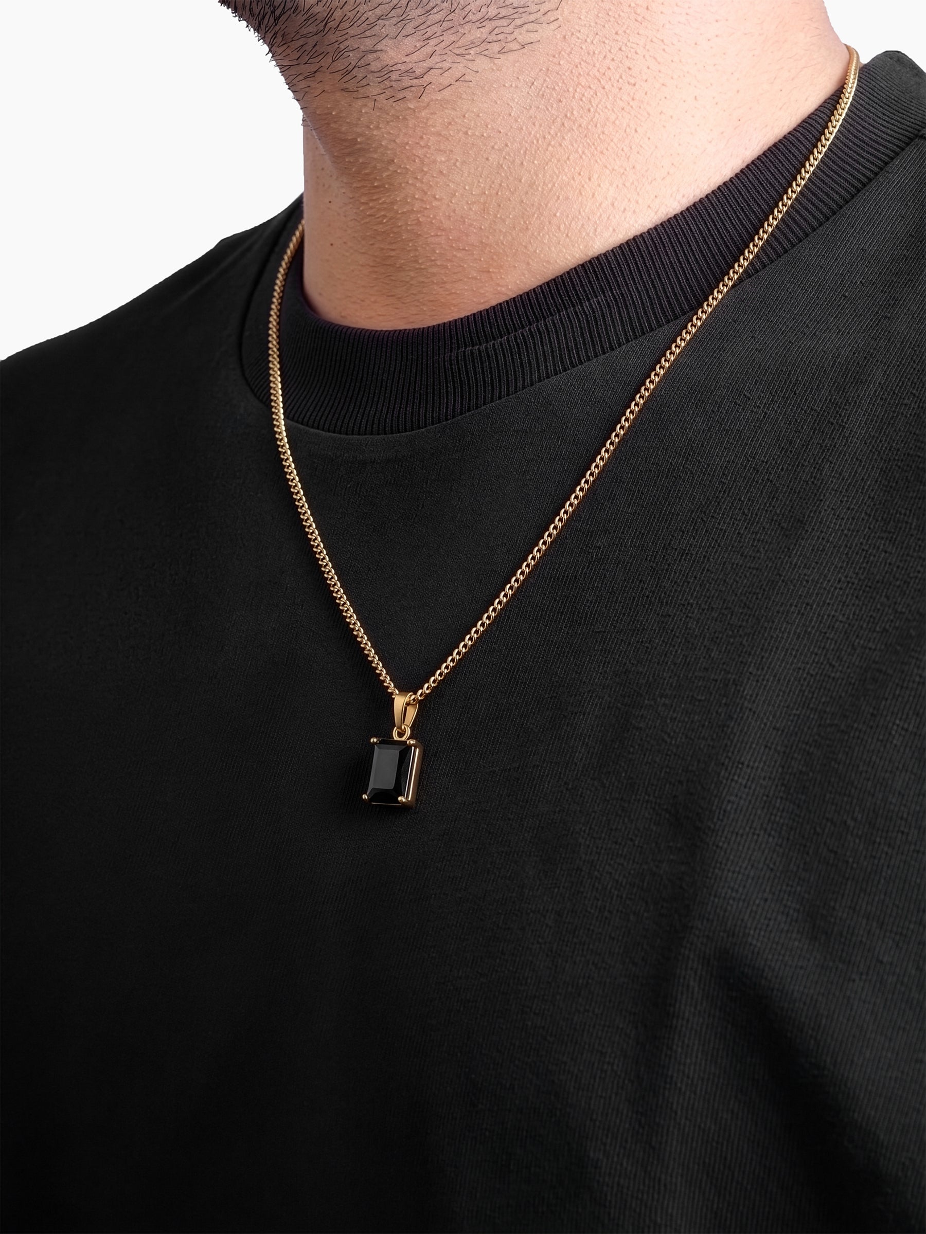 Vaeron Black Rectangular Stone 18K Gold Plated Men's Chain Pendant