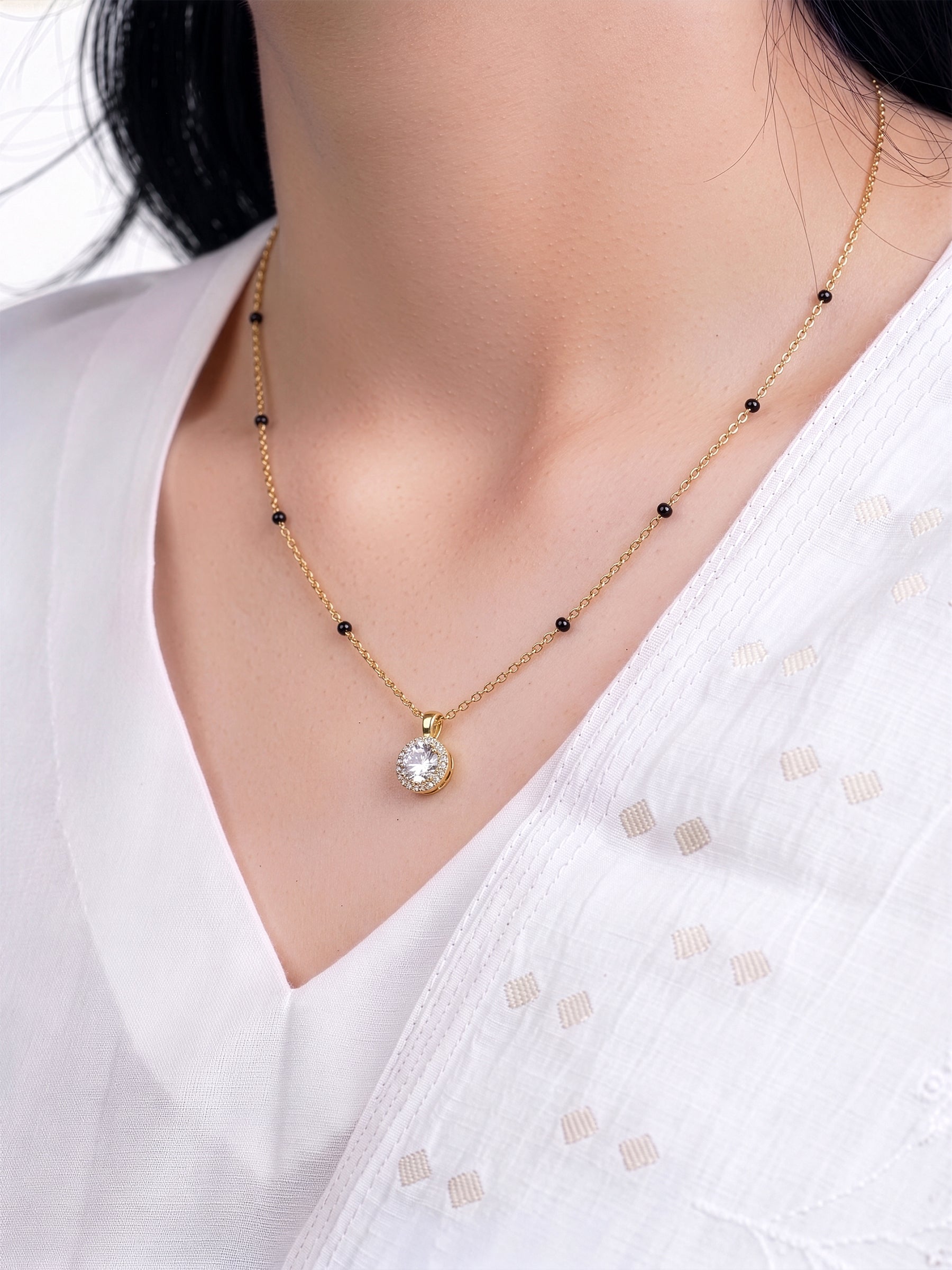 Vaidehi Halo Solitaire Diamond 18K Gold Plated Women's Chain Pendant Mangalsutra Necklace