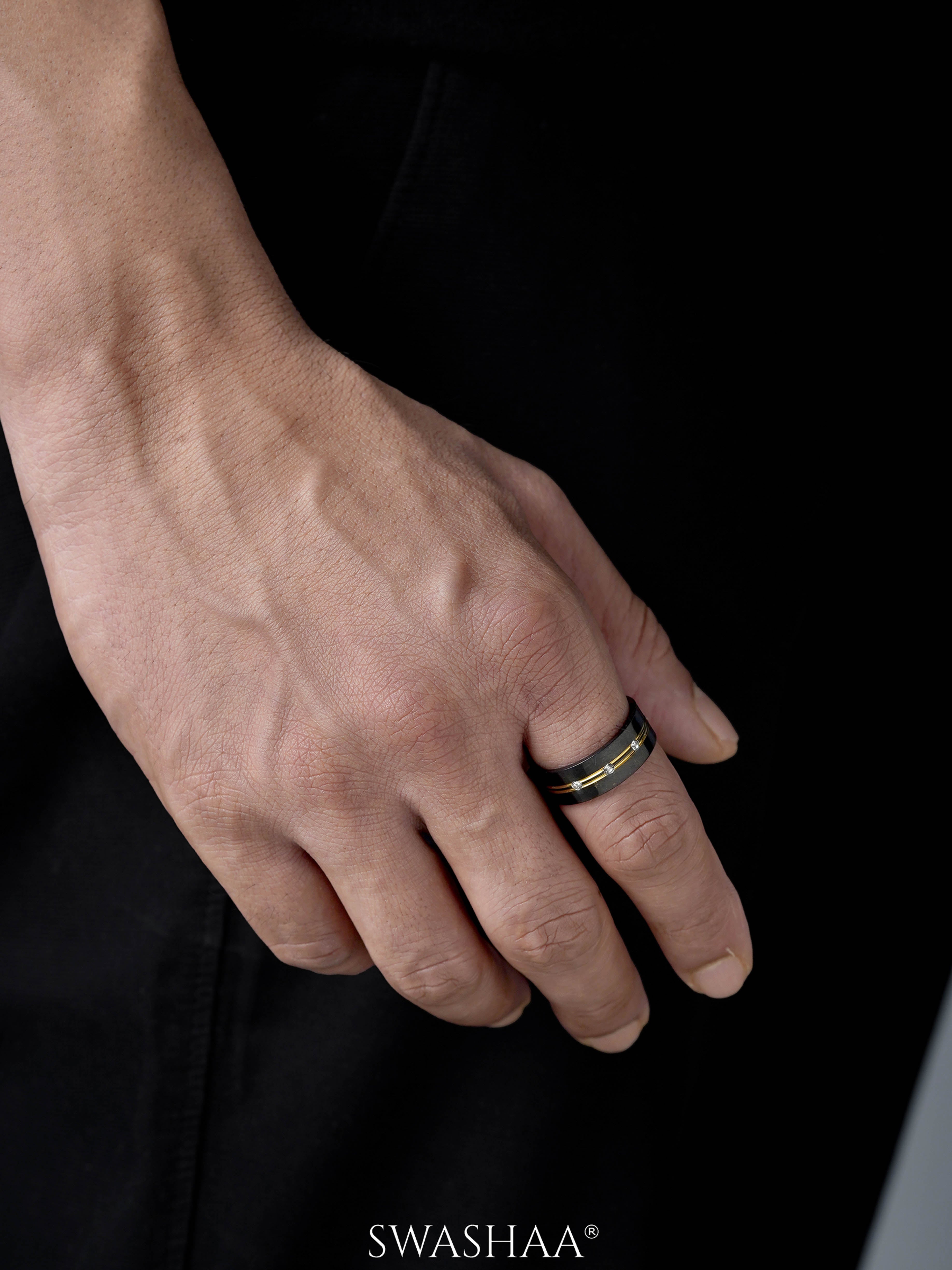 Valor Black Gold Stripes Diamond Band Men's Ring