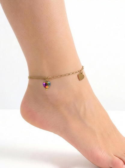 Valora Heart Charm Link Chain And Layered Chain 18K Gold Plated Women's Anklet