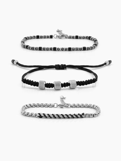 Varenzo Black - Silver Men's Bracelet Set 