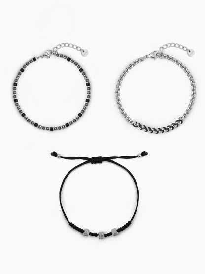 Varenzo Black - Silver Men's Bracelet Set 