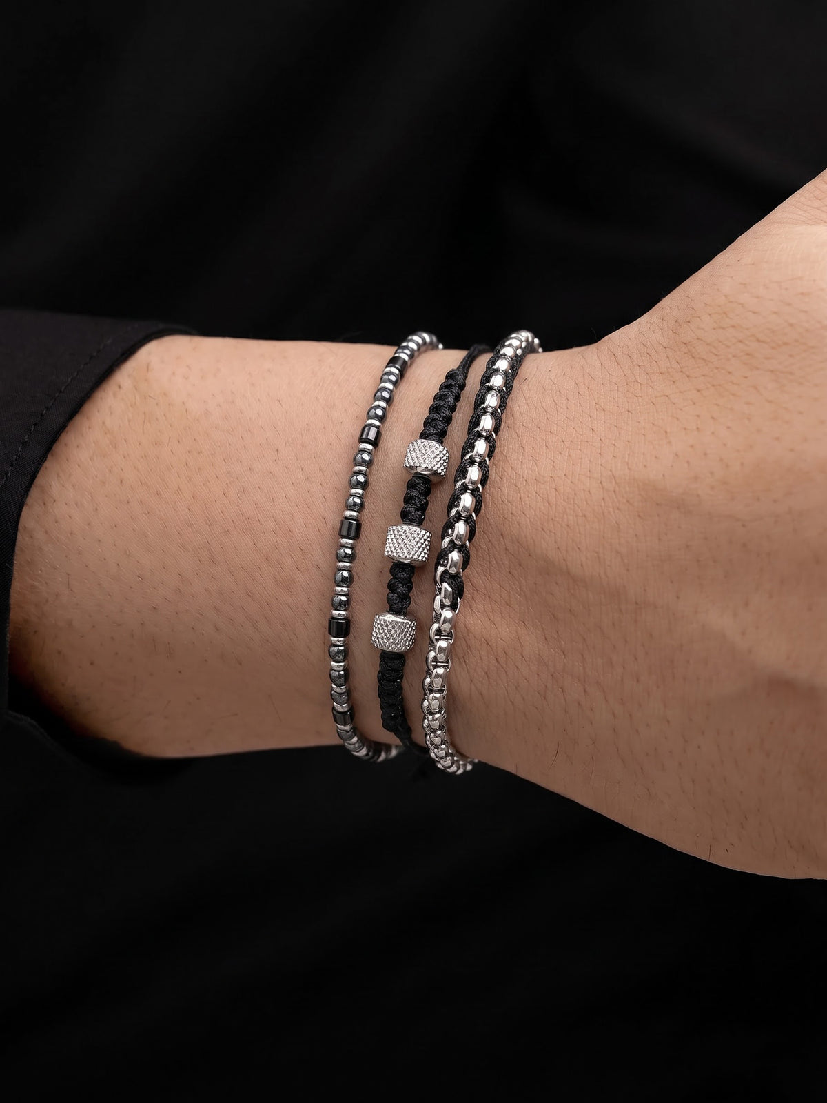 Varenzo Black - Silver Men's Bracelet Set 
