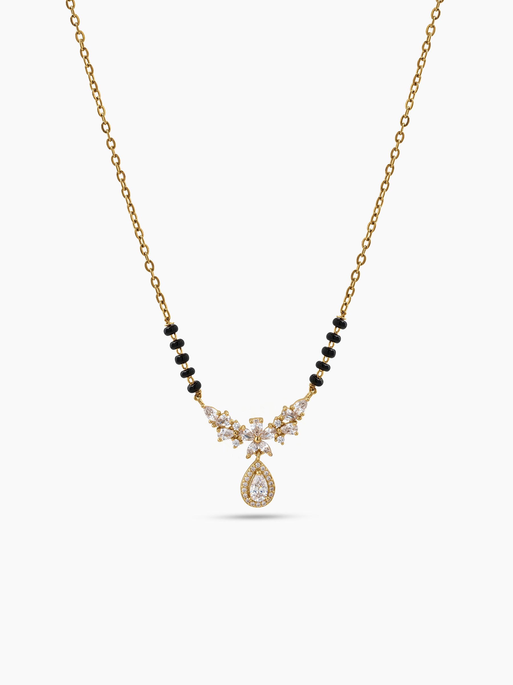 Varmika Bloom TearDrop Diamond Solitaire 18K Gold Plated Women's Chain Pendant Mangalsutra Necklace