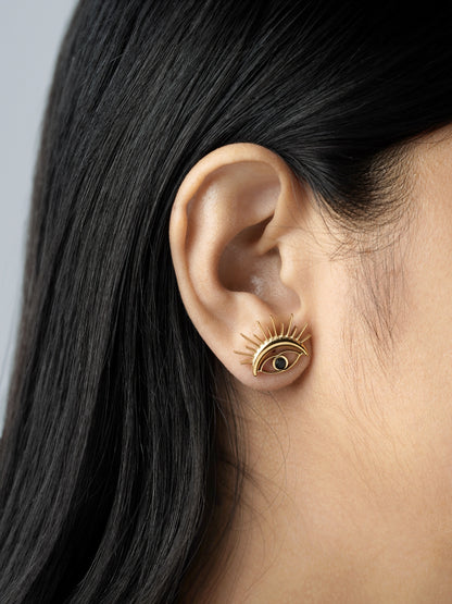 Varra Black Open Eye 18K Gold Plated Stud Earrings
