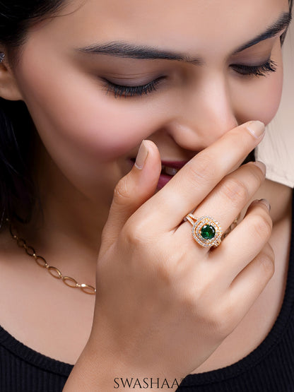 Vashti Emarald Green Cubic Baguette 18K Gold Plated Ring