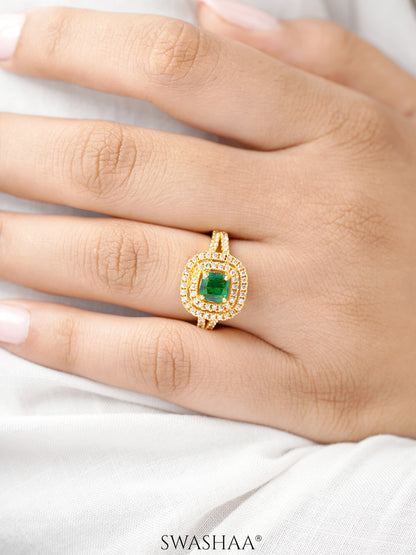 Vashti Emarald Green Cubic Baguette 18K Gold Plated Ring