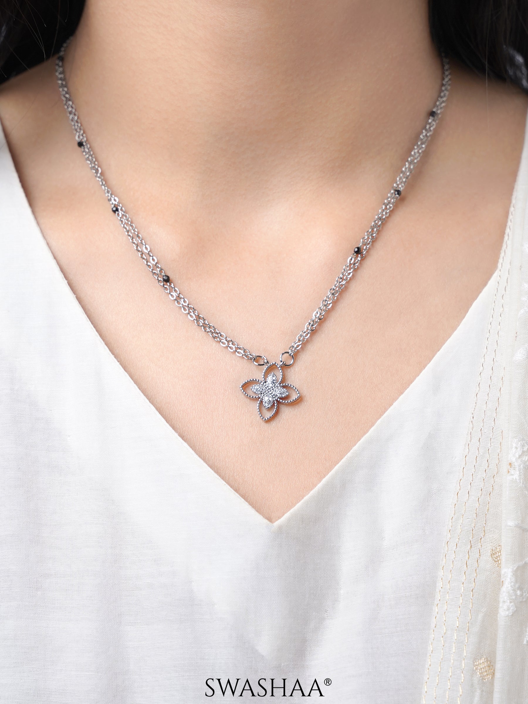 Verona Double Layered Flower Diamond Charm Silver Pendant Mangalsutra