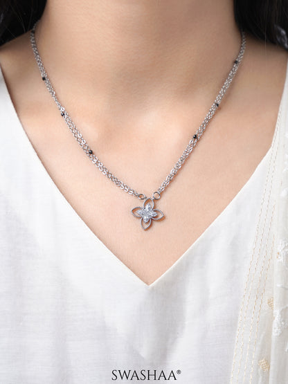 Verona Double Layered Flower Diamond Charm Silver Pendant Mangalsutra