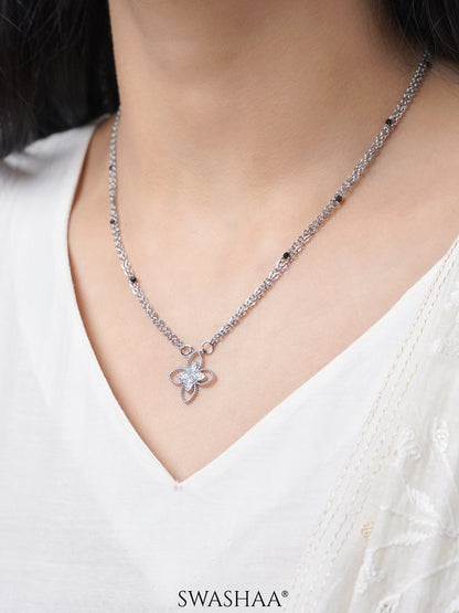 Verona Double Layered Flower Diamond Charm Silver Pendant Mangalsutra