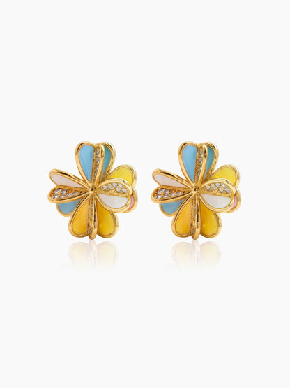 Vesira Multicolour Floral Clover Diamond Solitaire 18K Gold Plated Women's Stud Earrings 