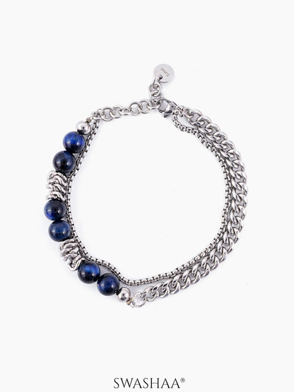 Victor Navy Beads Metallic Links Silver Men's Beaded Bracelet