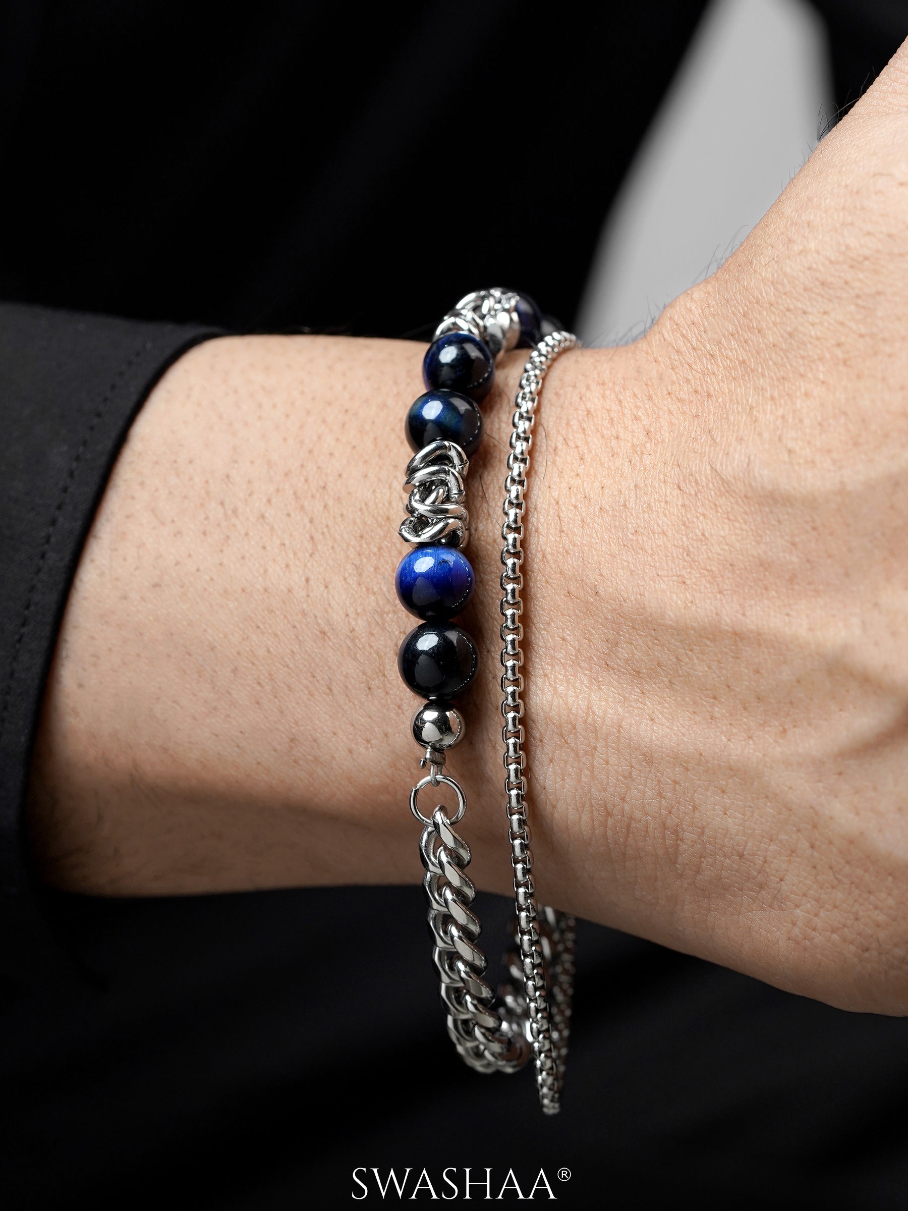 Victor Navy Beads Metallic Links Silver Men's Beaded Bracelet