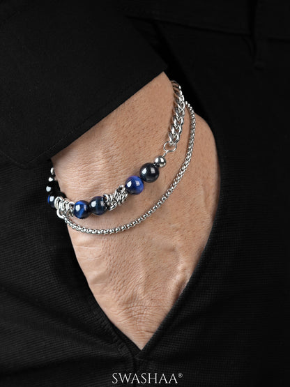 Victor Navy Beads Metallic Links Silver Men's Beaded Bracelet