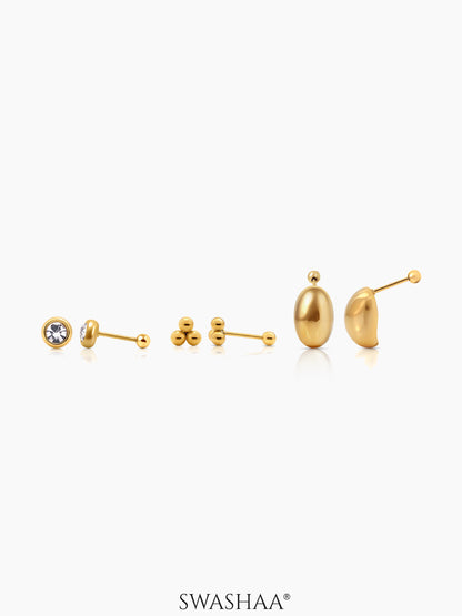 Viera sparkling CZ Dainty Trios Bold Ovals 18K Gold Plated Stud Earrings Set
