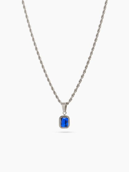 Vigor Blue Diamond Soliatire Silver Men's Rope Chain Pendant Necklace