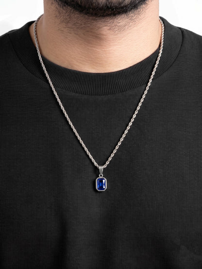 Vigor Blue Diamond Soliatire Silver Men's Rope Chain Pendant Necklace