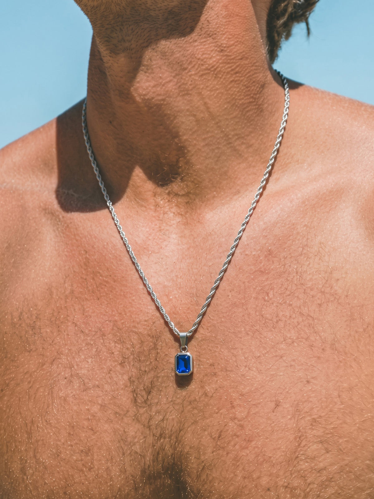Vigor Blue Diamond Soliatire Silver Men's Rope Chain Pendant Necklace