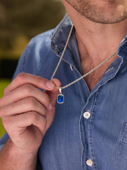 Vigor Blue Diamond Soliatire Silver Men's Rope Chain Pendant Necklace
