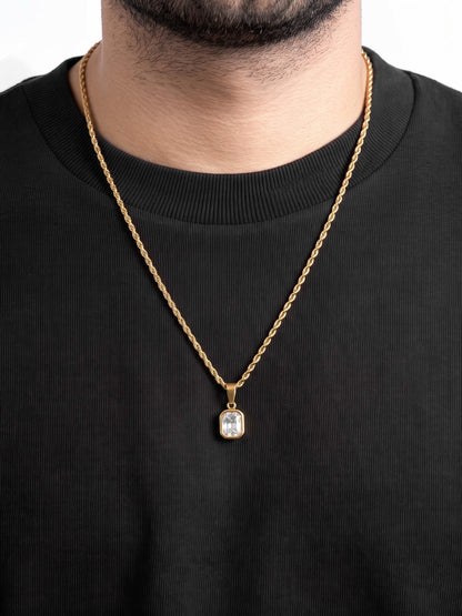 Vigor Diamond Solitaire 18K Gold Plated Men's Rope Chain Pendant Necklace