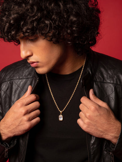 Vigor Diamond Solitaire 18K Gold Plated Men's Rope Chain Pendant Necklace
