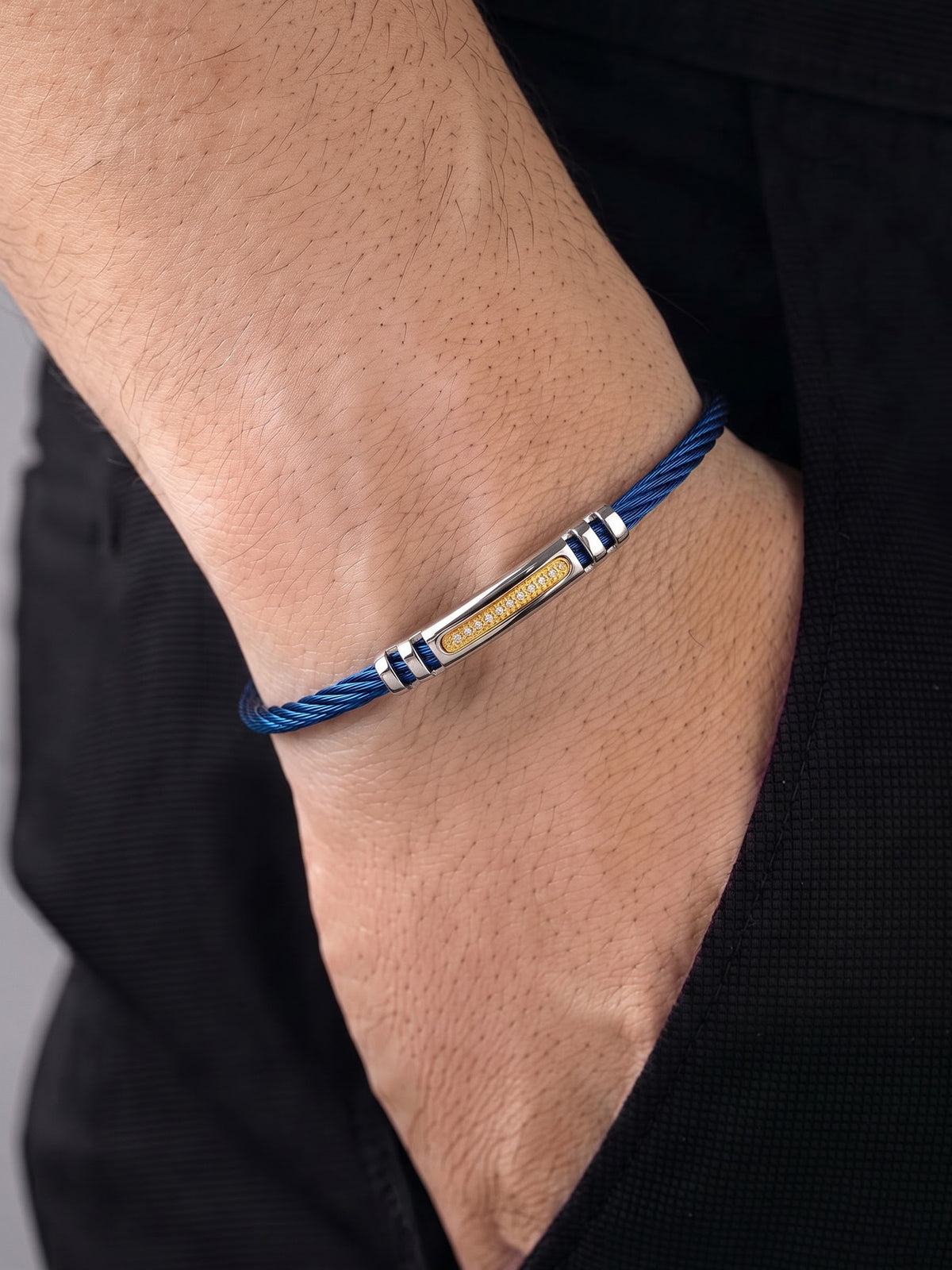 Vincent Diamond Blue Silver Wired Men's Bracelet