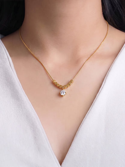 Virela Cube Beaded Solitaire Diamond 18K Gold Plated Women's Chain Pendant Necklace