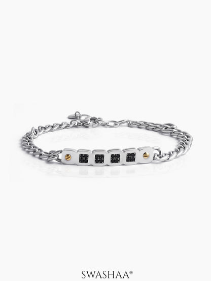 Wels Black Stone Blocks Silver Men's Chain Bracelet
