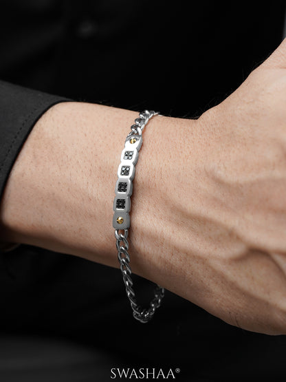 Wels Black Stone Blocks Silver Men's Chain Bracelet