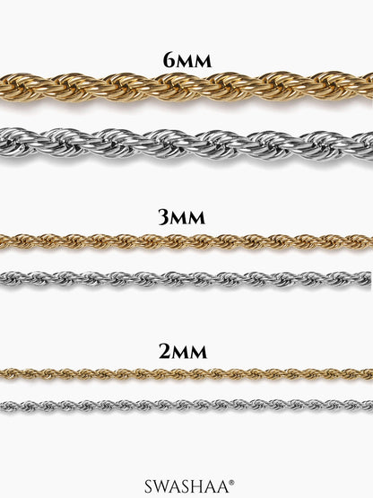 Rope Chain 2 MM-3 MM-6 MM-Silver-2 MM-3 MM-6 MM-!8K Gold Plated Men's Bracelet