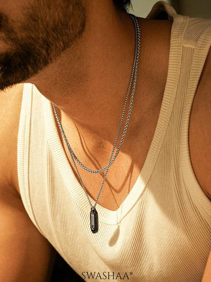 Wheat Woven Texture  Silver 3MM Men's Chain, Zarvox Edge Black-Silver Oval Men's Chain Pendant