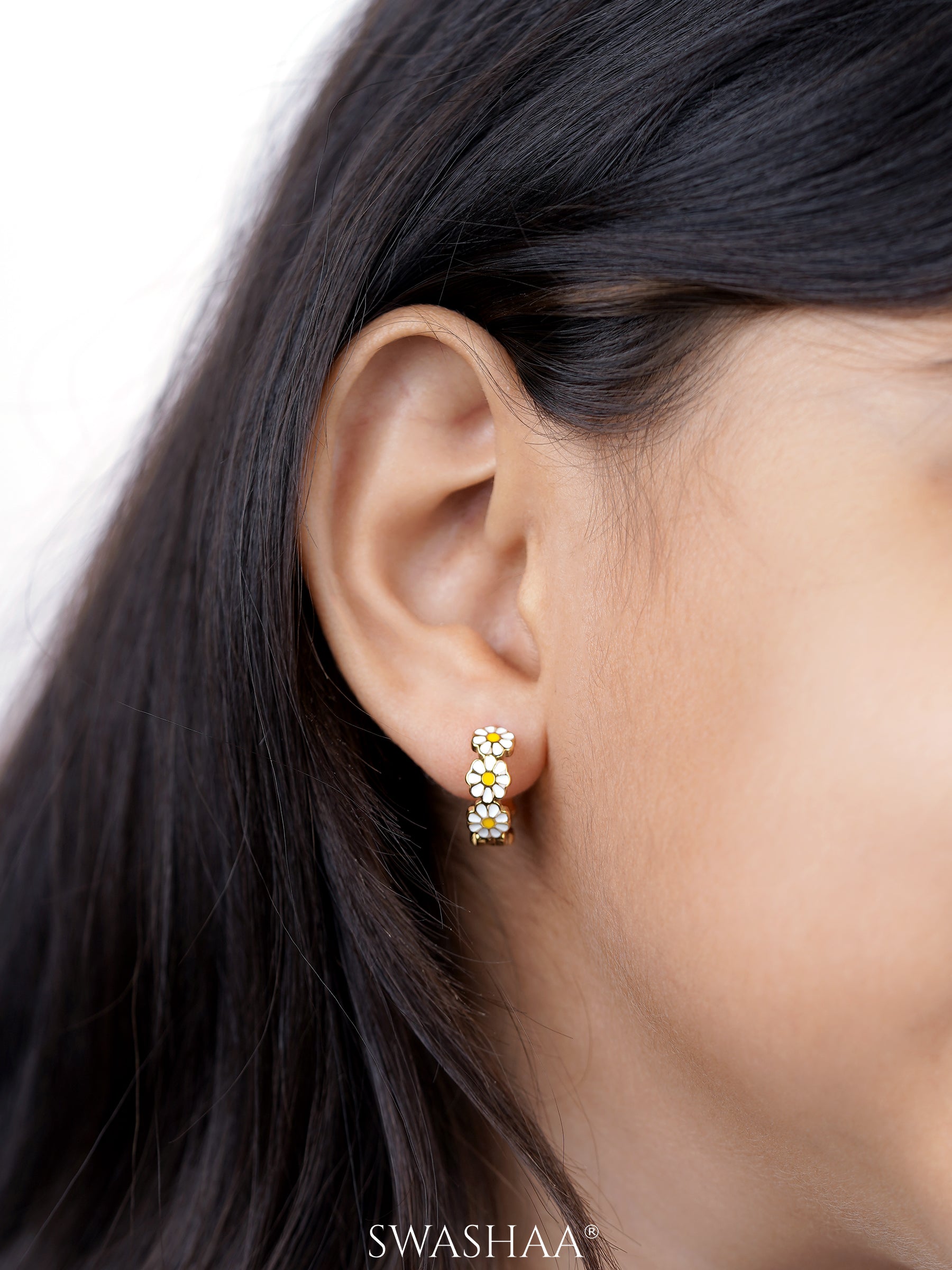 White Flower 18K Gold Plated Kid's Hoop Earrings
