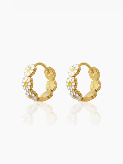 White Flower Charm 18K Gold Plated Kid's Hoop Earrings