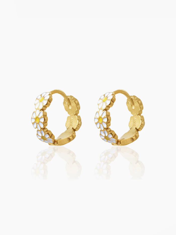 White Flower Charm 18K Gold Plated Kid's Hoop Earrings
