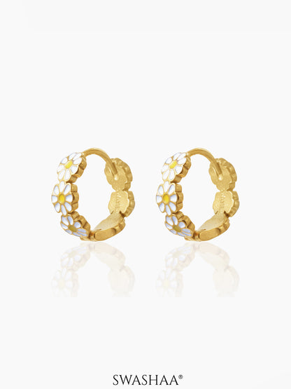 White Flower Charm 18K Gold Plated Kid's Hoop Earrings