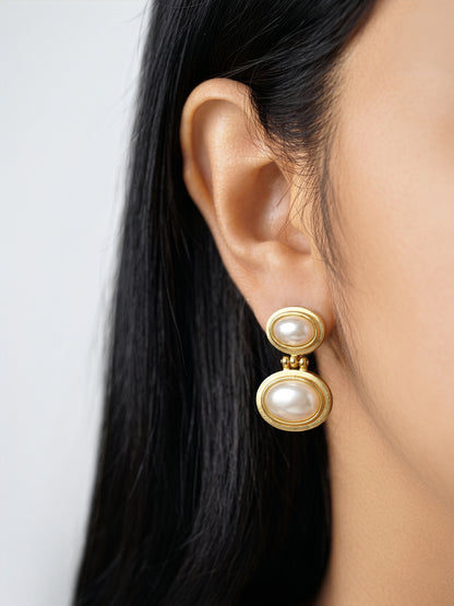 Althea Oval Pearl Drop Dangling 18K Gold Plated Women's Stud Earrings