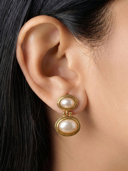 Althea Oval Pearl Drop Dangling 18K Gold Plated Women's Stud Earrings