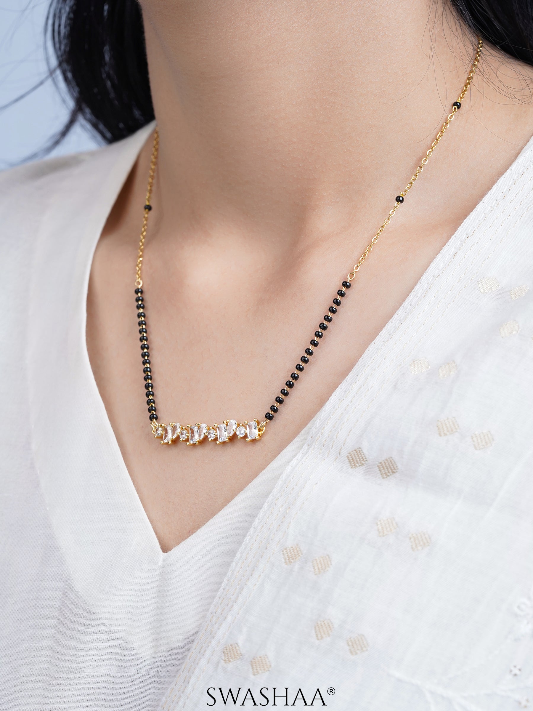 Yuvika Diamond Cluster Bar 18K Gold Plated Mangalsutra