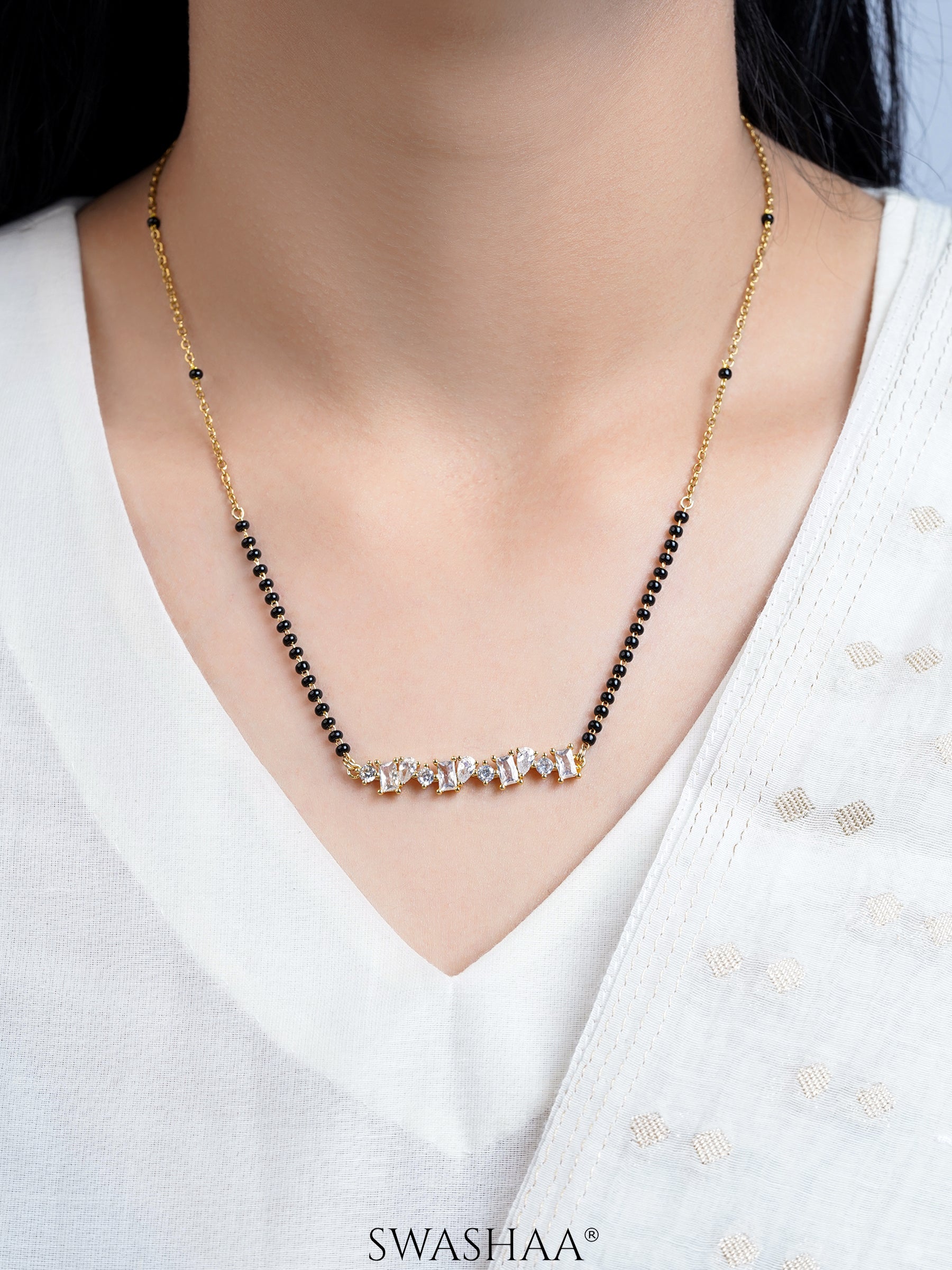 Yuvika Diamond Cluster Bar 18K Gold Plated Mangalsutra