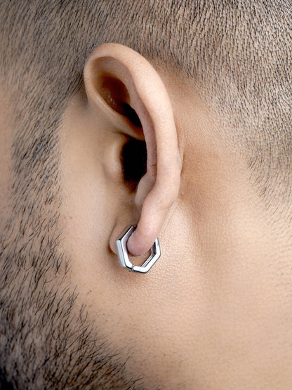 Zane Hexagon Silver Men's Hoop Earrings