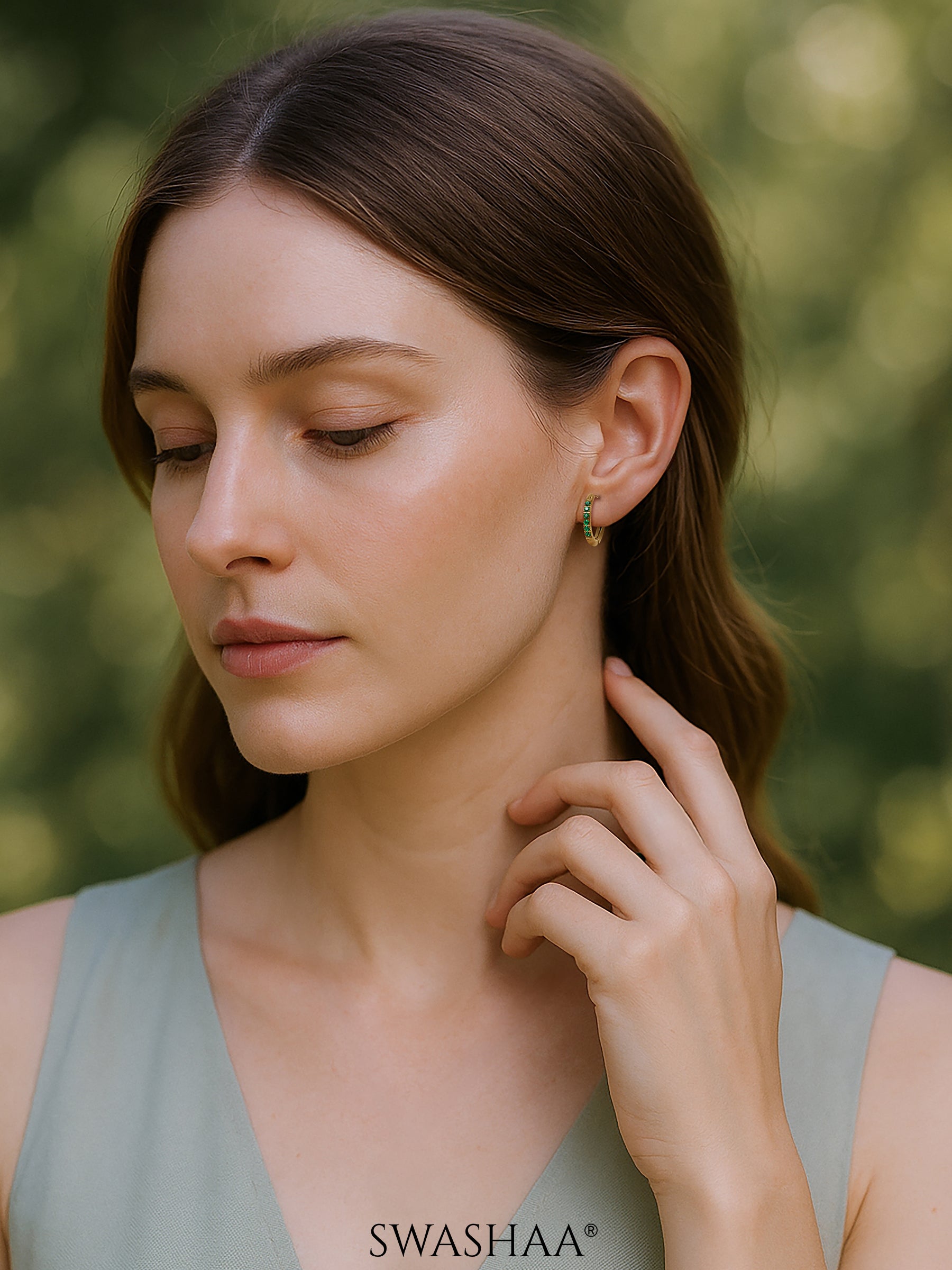 Zareen Green Stone 18K Gold Plated Hoop Earrings