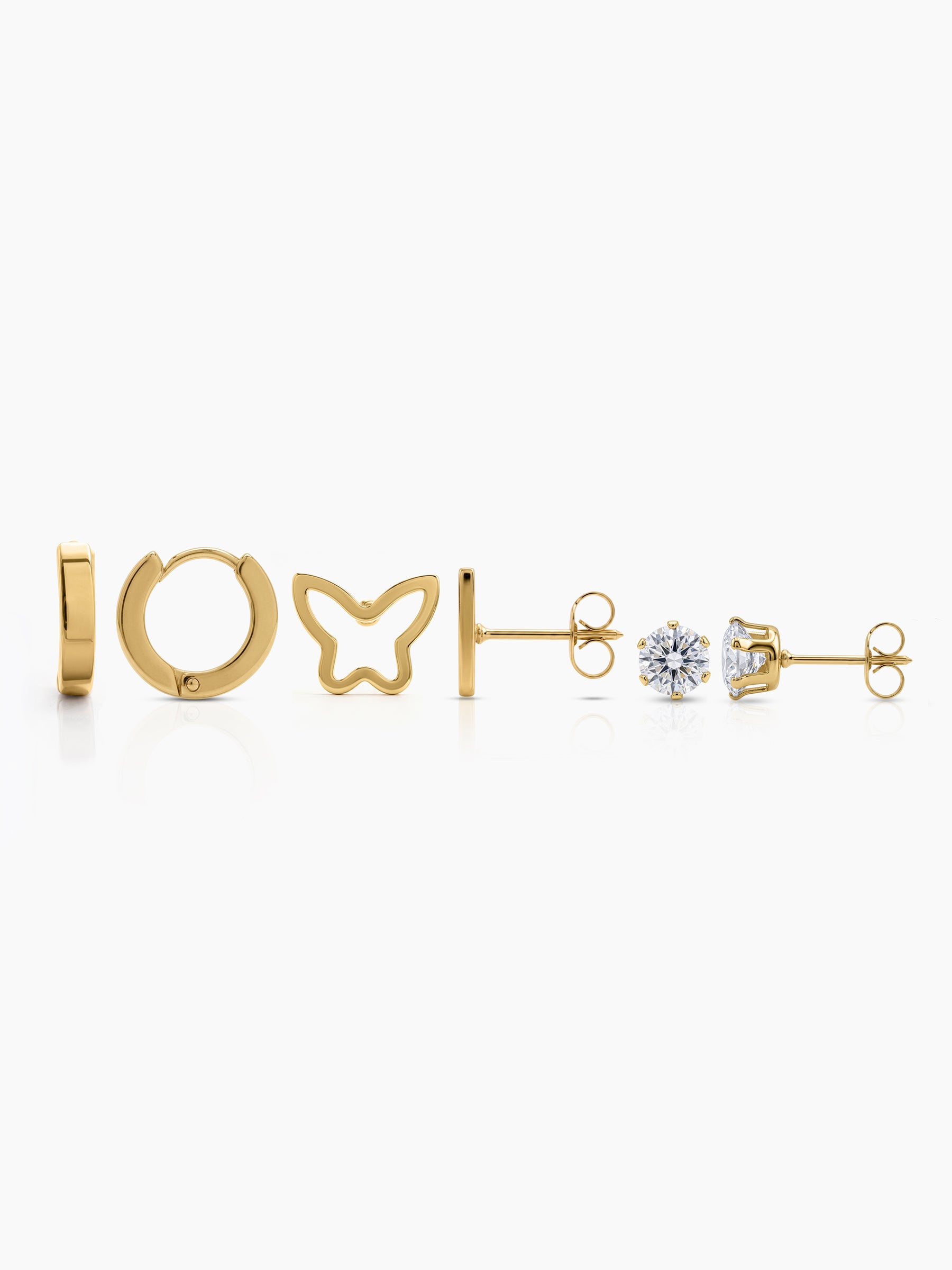 Zarela Butterfly Charms Round Diamond 18K Gold Plated Women's Stud, Hoop Earrings Set